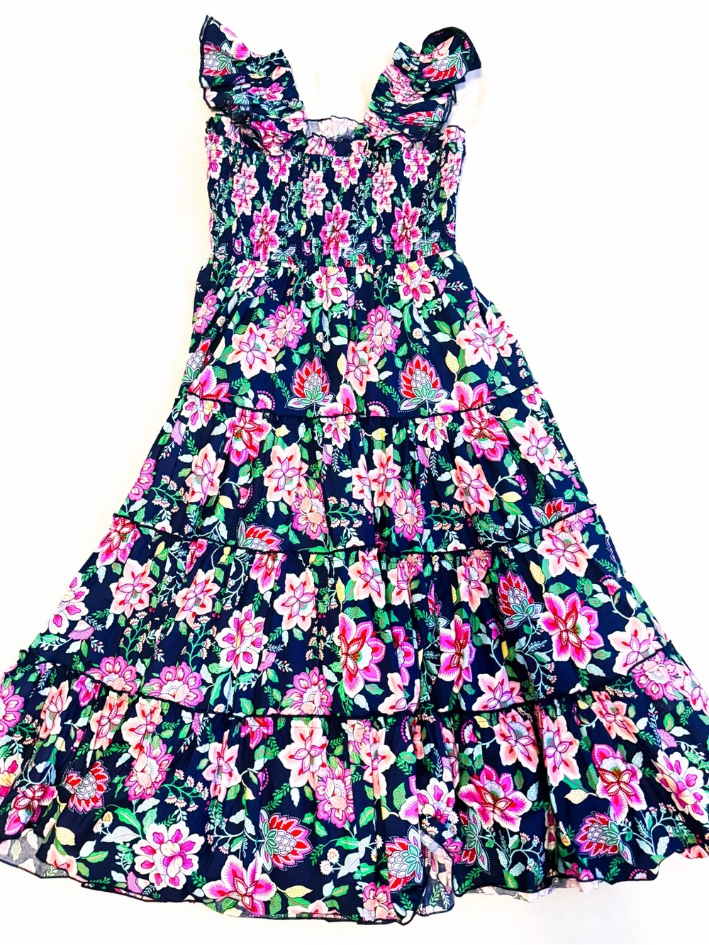 Baltic Born Navy Floral Tiered Midi Dress with Pink and Green Flowers